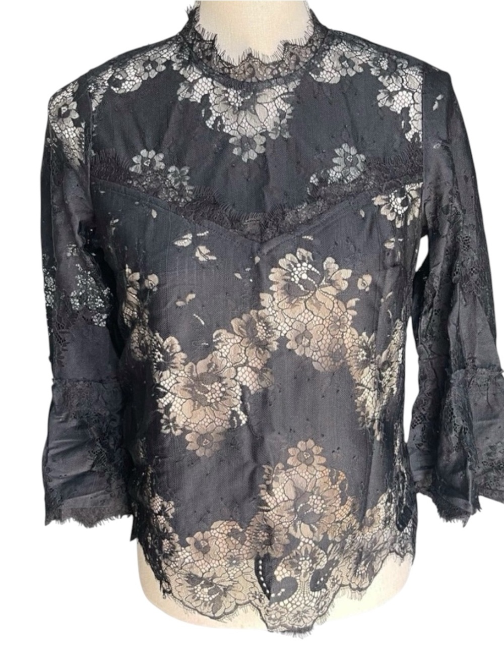 Heartloom Black/Tan Floral Lace Mandarin Collar Bell Sleeve Top (XS)